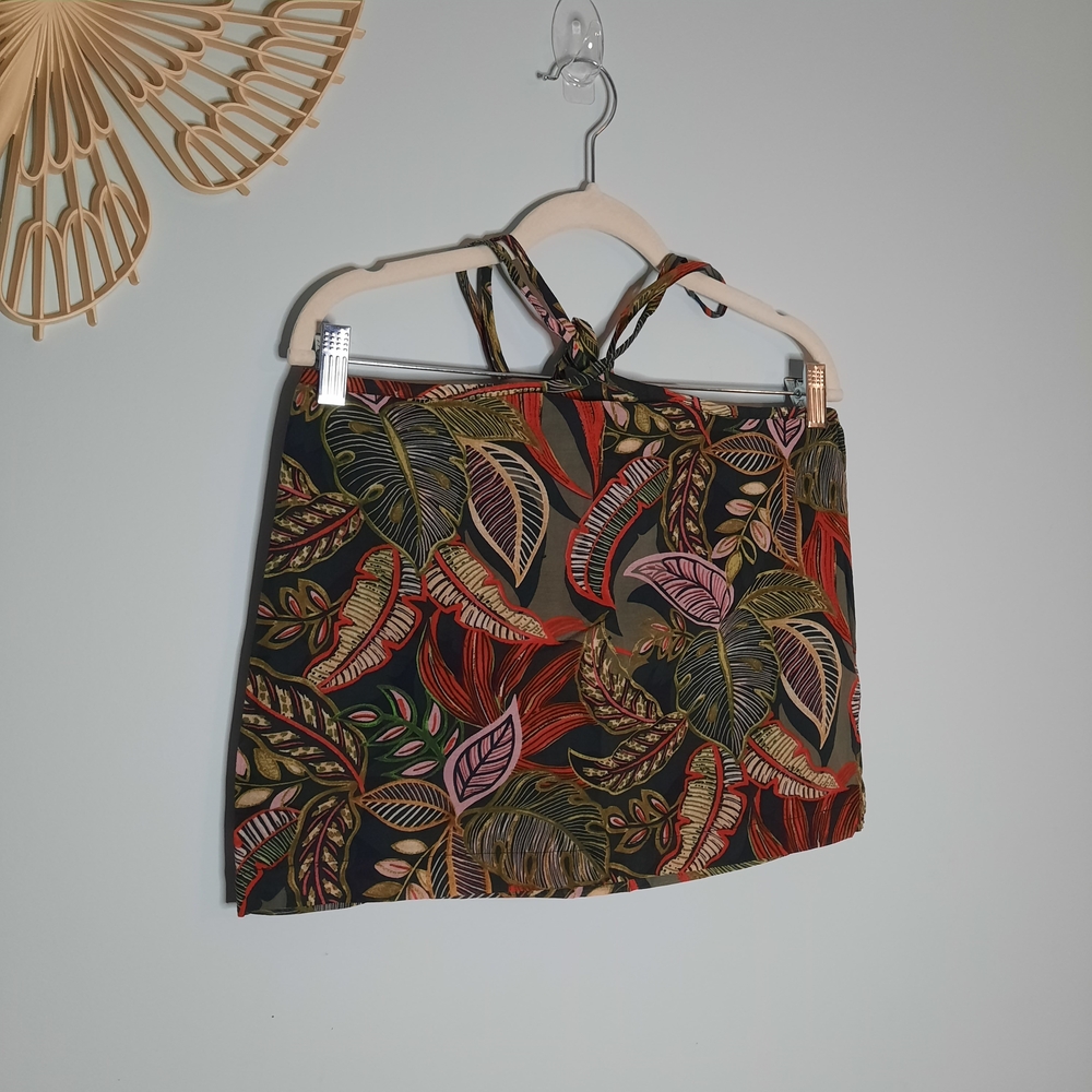 Olivaceous Tropical Leaf Print Halter Neck Top Green Red Size M NWT